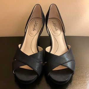 Black Shimmer Peep Toe Heels!